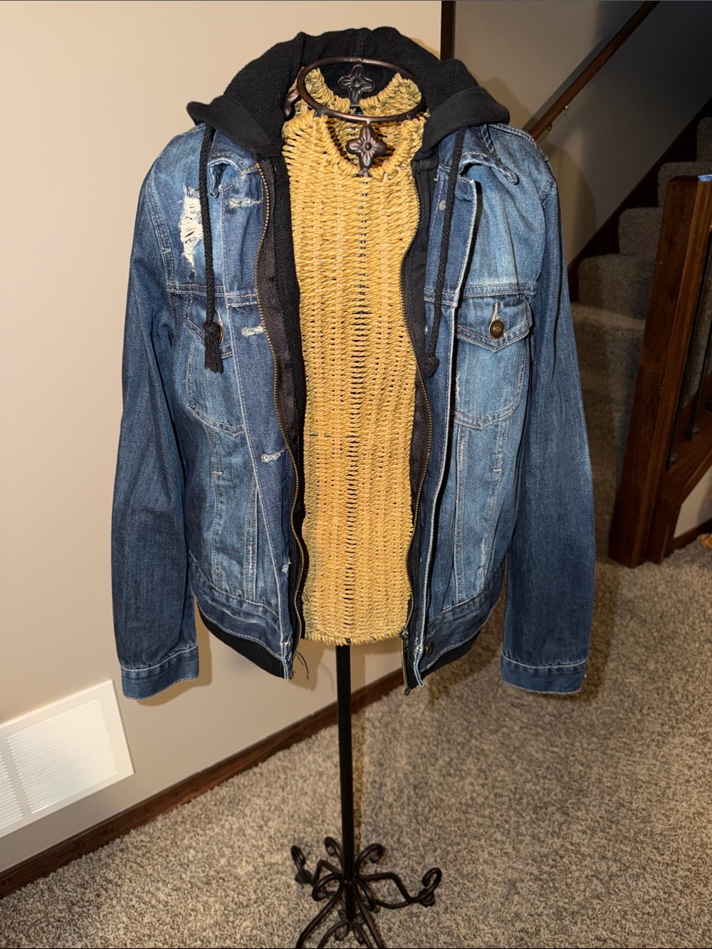 Forever 21 Distressed Blue Denim Jacket with Black Hooded Layer